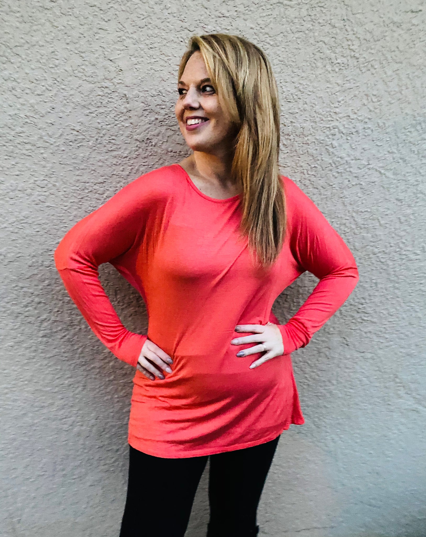Solid Dolman Long Sleeve Top - Coral