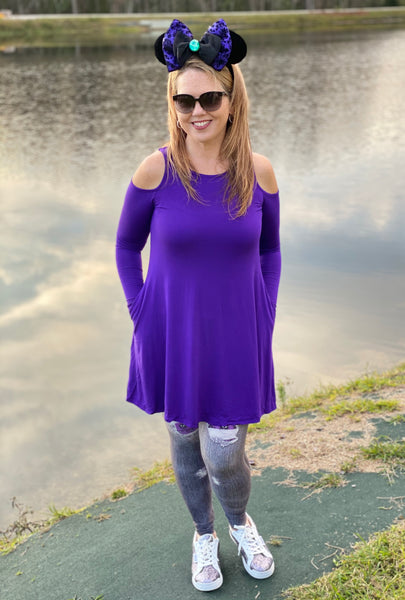 Cold Shoulder Long Sleeve Solid Swing Top w/ Pockets  - Purple