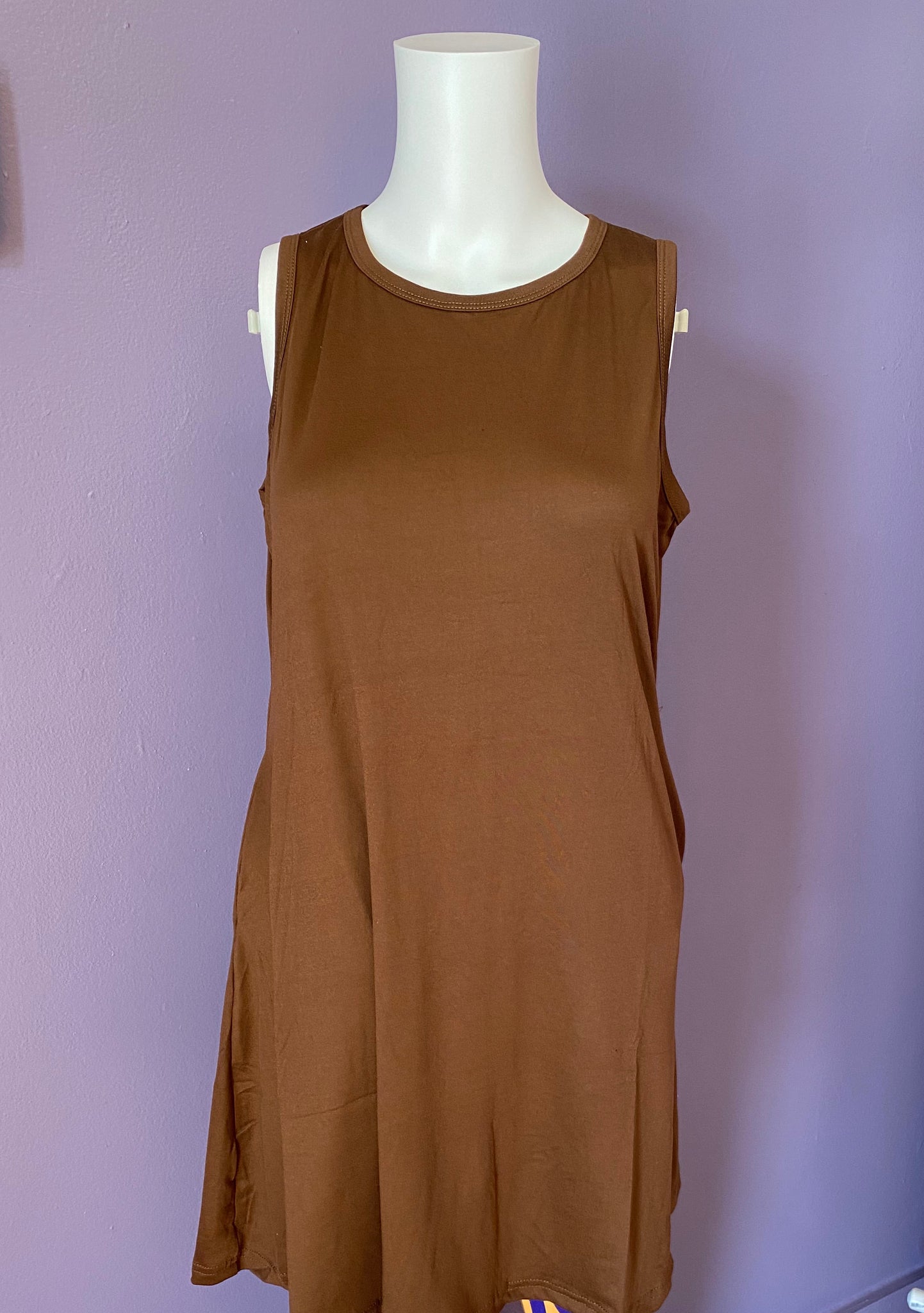 Sleeveless Swing Top With Pockets - Brown
