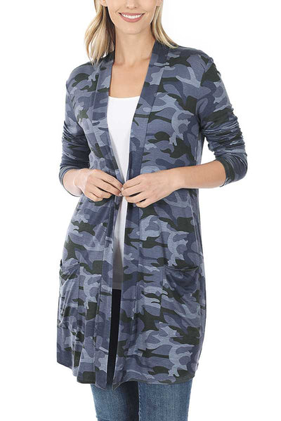 Camouflage Mid-Thigh Length Open Cardigan - Navy Camouflage