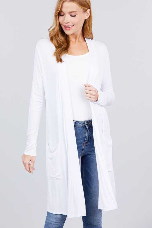 Long Sleeve Open Front With Pocket Long Cardigan - White