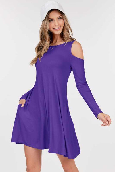 Cold Shoulder Long Sleeve Solid Swing Top w/ Pockets  - Purple