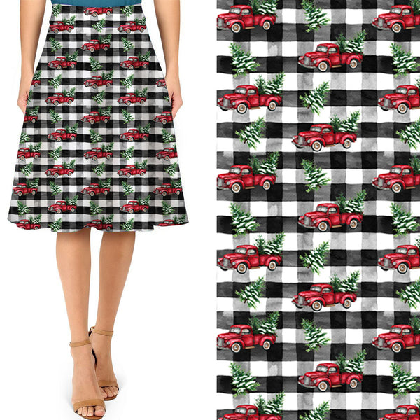 Plaid Christmas Trucks Swing Skirt with Pockets